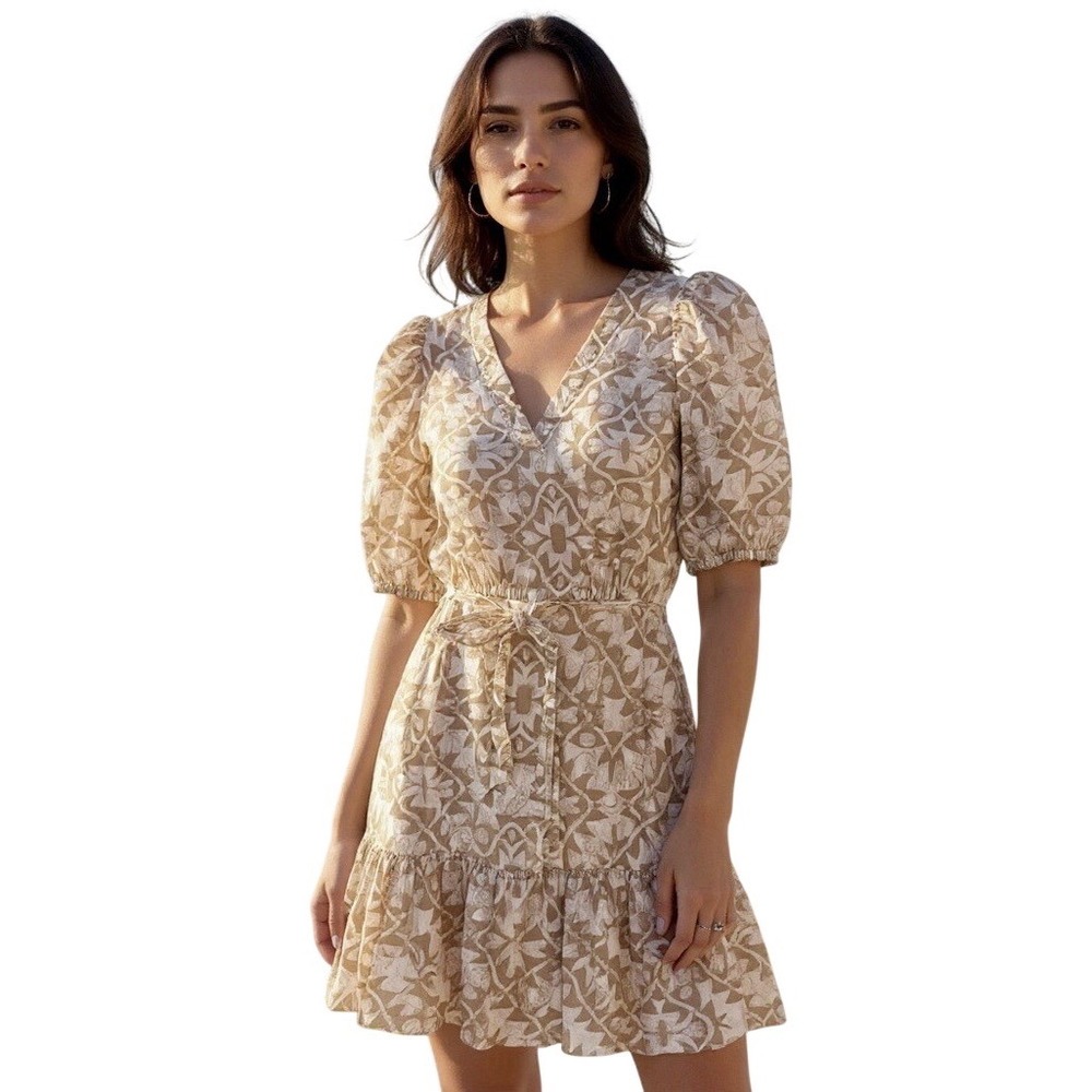 Calvin Klein Tan White Geometric Print Cotton Puff Sleeve Tie Waist Dress 4 EUC